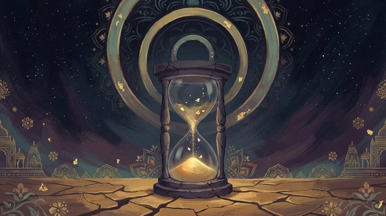 A vast stone hourglass on a cracked plain with the last grains of golden light falling, four faint rings receding into a starlit sky