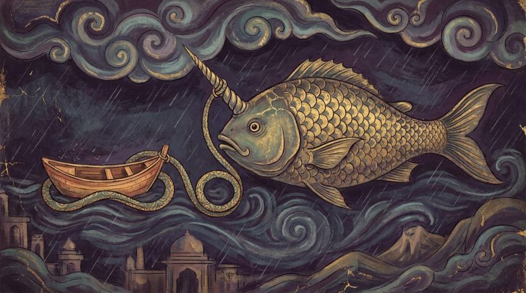 A great horned fish beneath dark floodwaters towing a small boat tethered to its horn by a coiled serpent