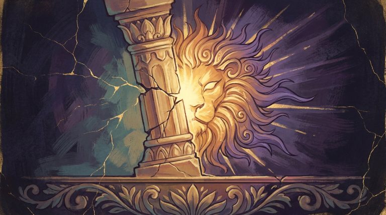 A cracked temple pillar splitting open at twilight with a golden leonine burst of light, evoking the appearance of Narasimha
