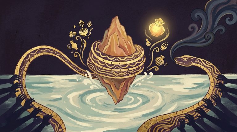 An inverted mountain spinning in a pale ocean wound with a colossal serpent, treasures and a luminous pot rising from the foam