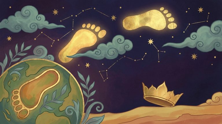 Three luminous footprints ascending from green earth through constellations to hover above a bowed golden crown