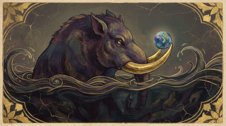 A vast boar rising from a black cosmic ocean with a small luminous globe of the earth balanced on one gilded tusk
