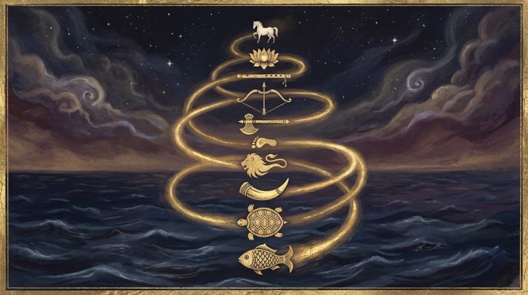 The ten avatars of Vishnu as golden emblems rising in a spiral from a dark ocean